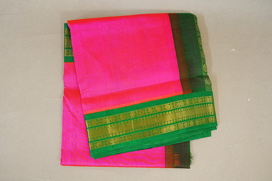 folded Rani Pink with Parrot Green Borders Silk Cotton Saree