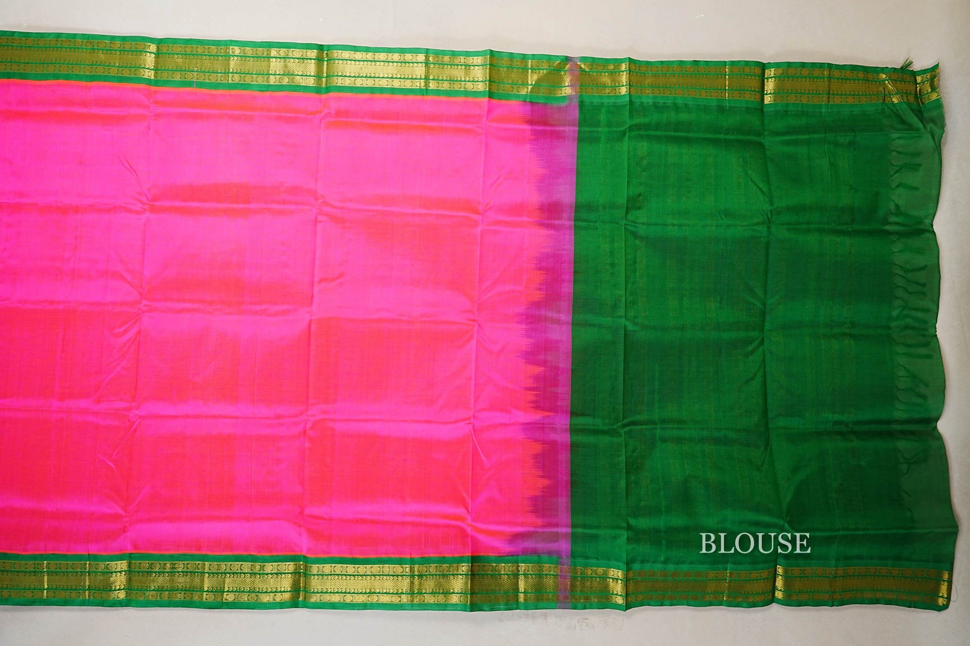 Rani Pink with Parrot Green Borders Silk Cotton Saree blouse
