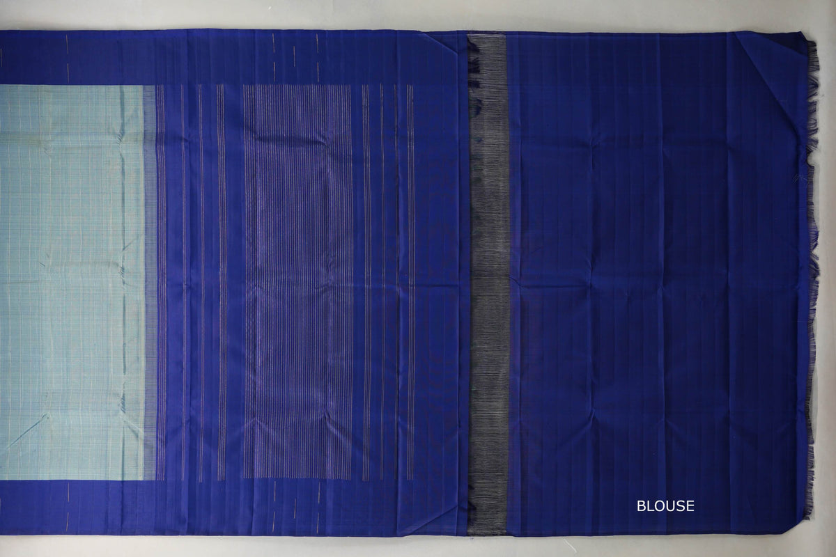 Dual Tone of Elaichi Green & Deep Blue with Deep Blue Borders Plant Based Kanjivaram Silk Saree blouse