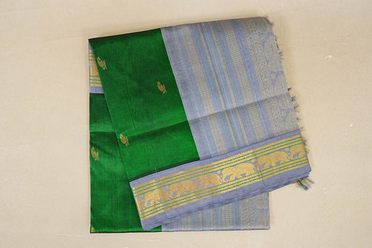 Deep Emerald Green with Steel Grey Borders Silk Cotton Saree