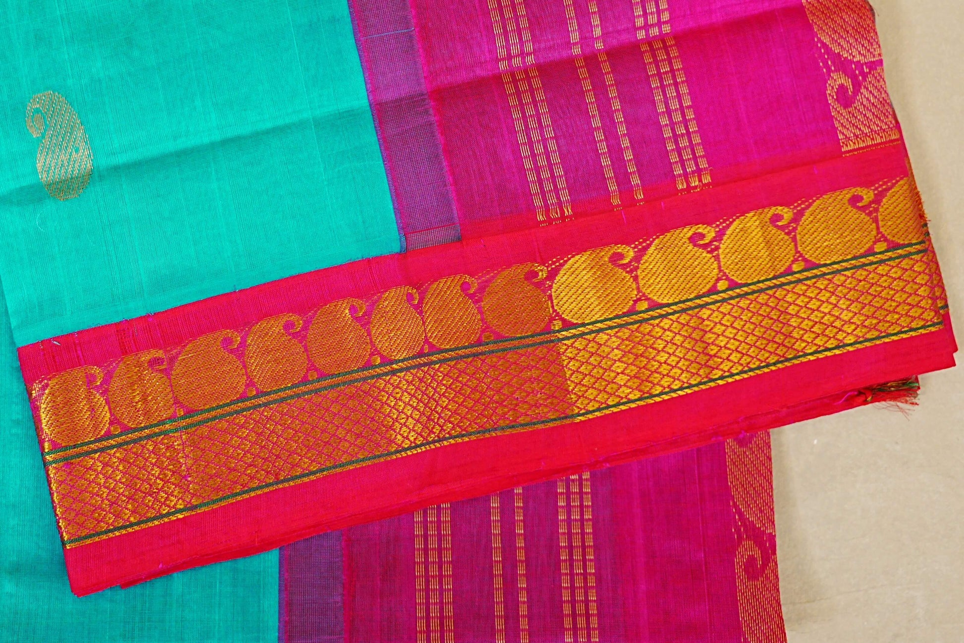 Rama Blue with Rani Pink Borders Silk Cotton Saree border zoom