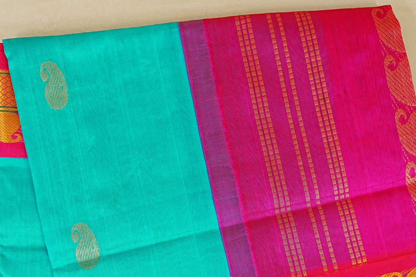 Rama Blue with Rani Pink Borders Silk Cotton Saree body zoom