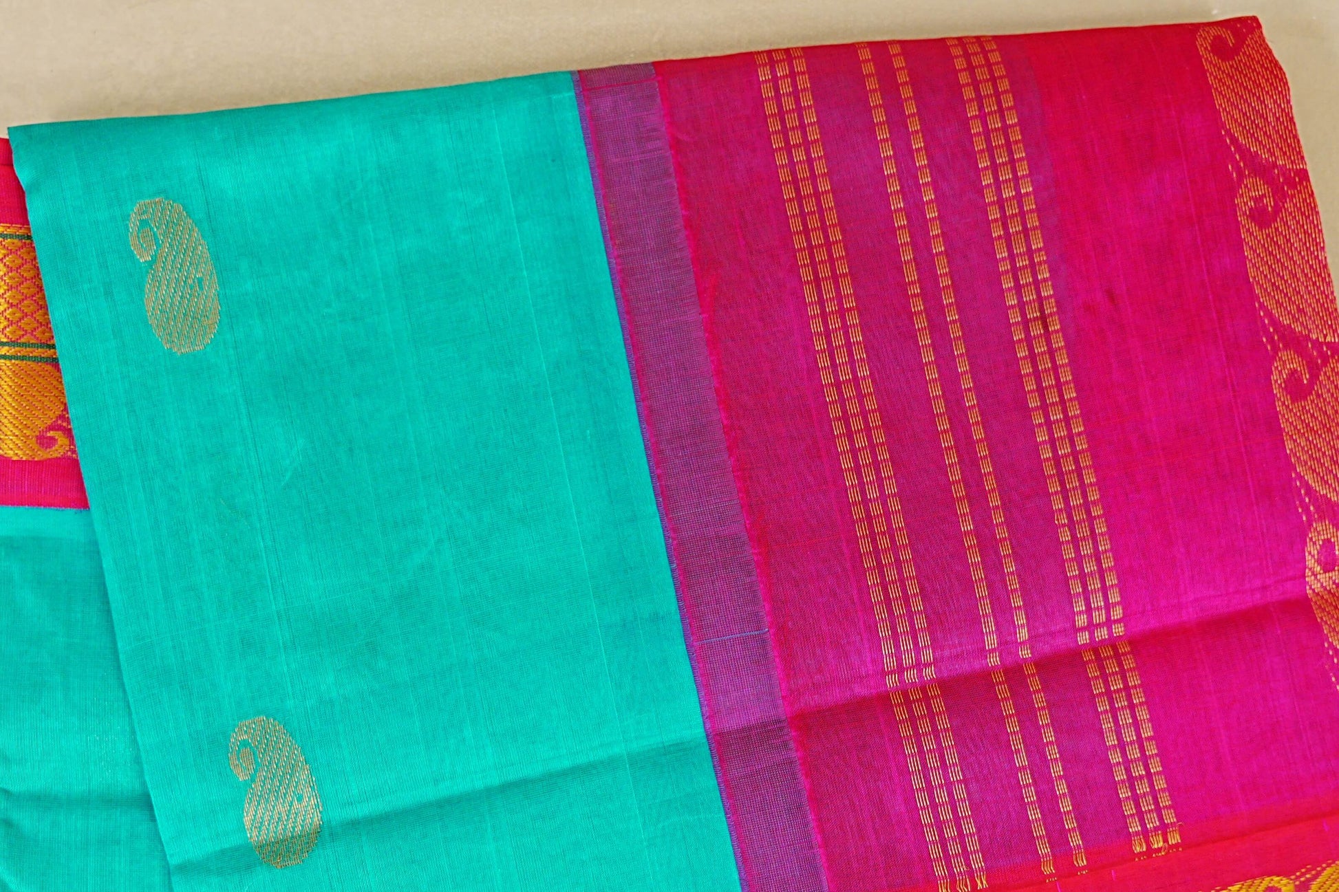 Rama Blue with Rani Pink Borders Silk Cotton Saree body zoom