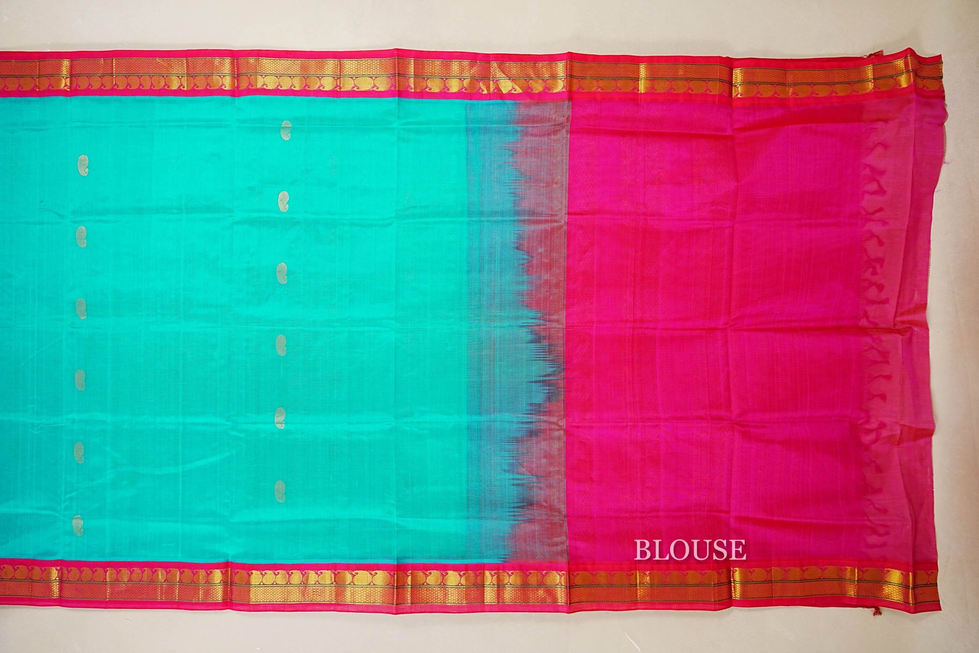 Rama Blue with Rani Pink Borders Silk Cotton Saree bouse