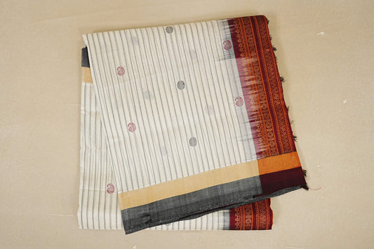 folded Cream with Grey Borders Silk Cotton Saree 
