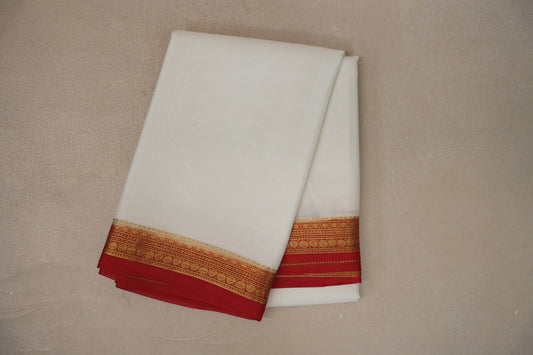 Ivory White with Bright Red Borders Mysore Silk Saree