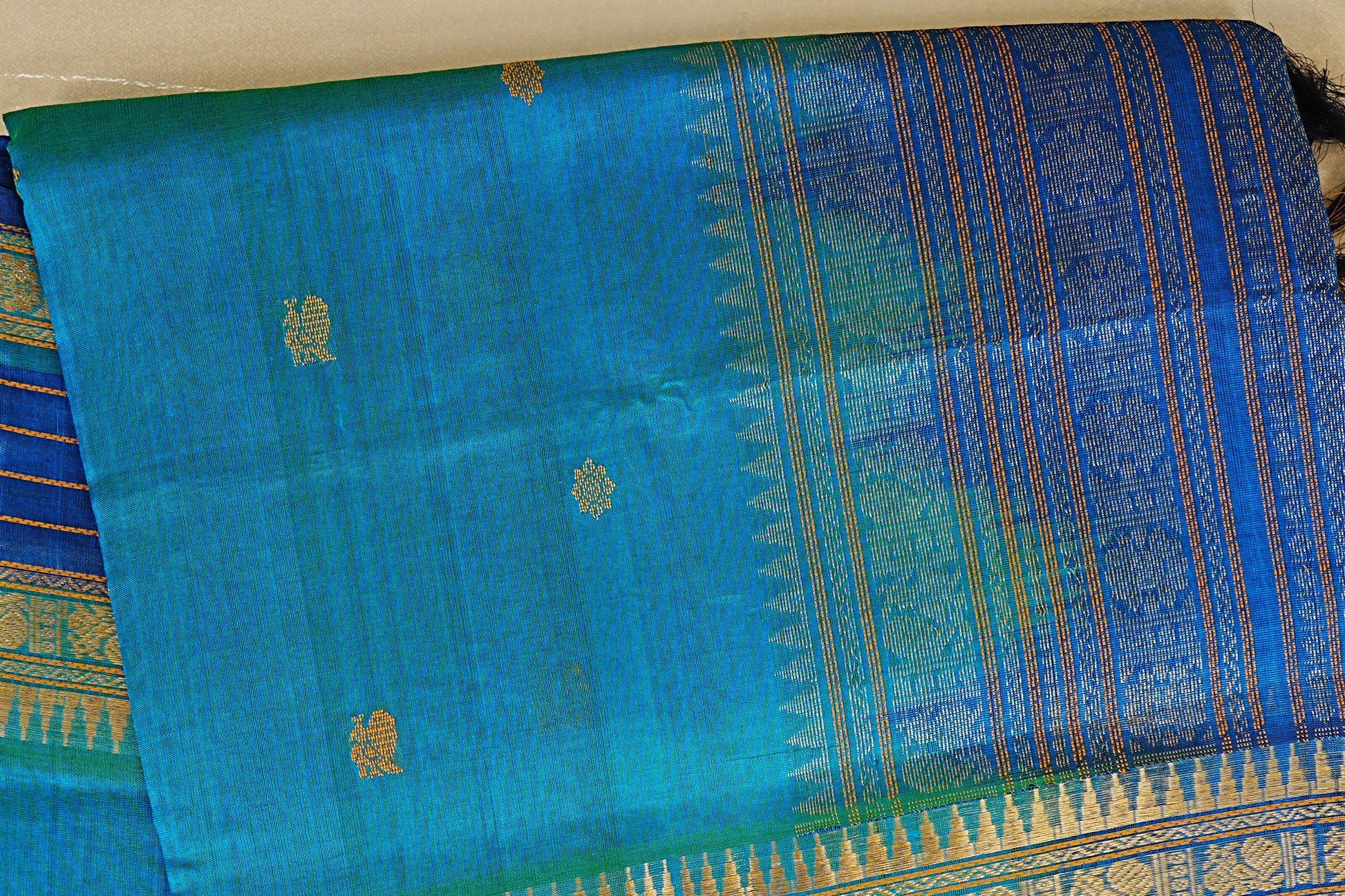 Peacock Blue with Deep Blue Borders Silk Cotton Saree  body zoom