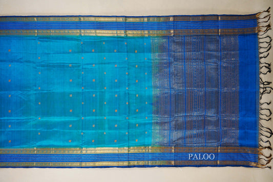 Peacock Blue with Deep Blue Borders Silk Cotton Saree paloo