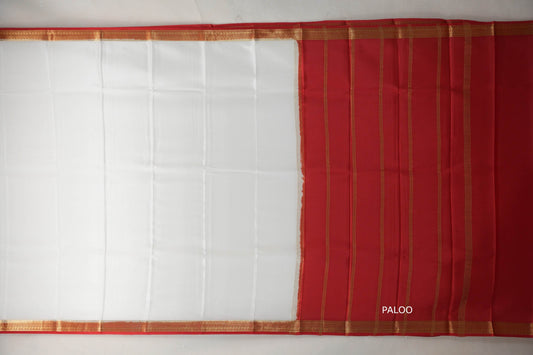 Ivory White with Bright Red Borders Mysore Silk Saree paloo