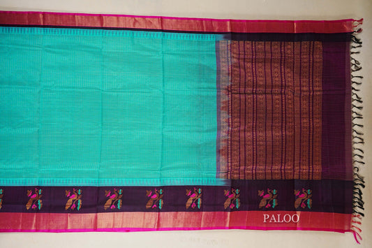 Bluish Green Silk Cotton Saree paloo