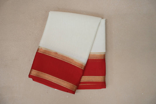 Ivory White with Bright Red Borders Mysore Silk Saree