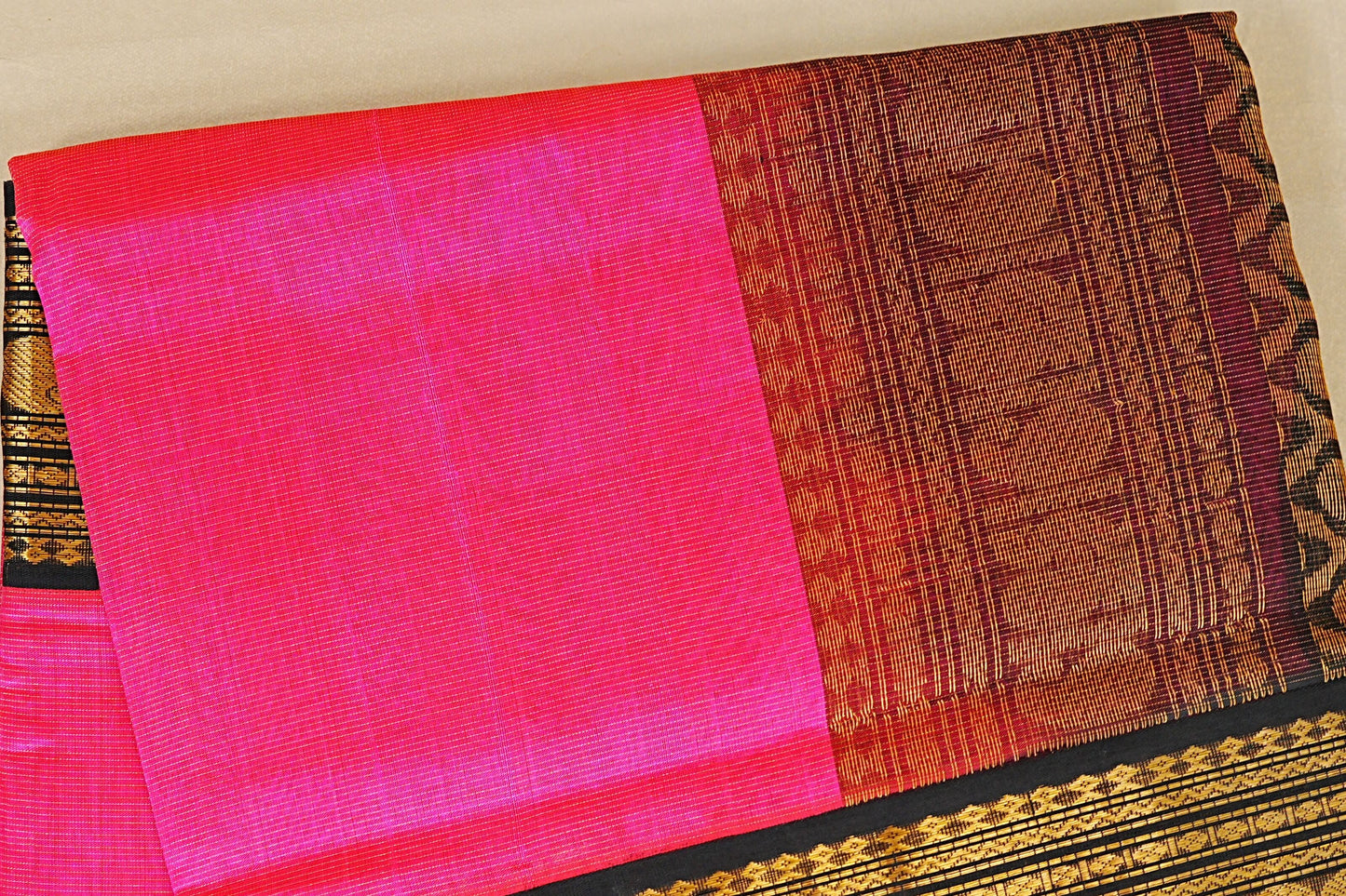 Bright Rani Pink Vaira Oosi Silk Cotton Saree body zoom
