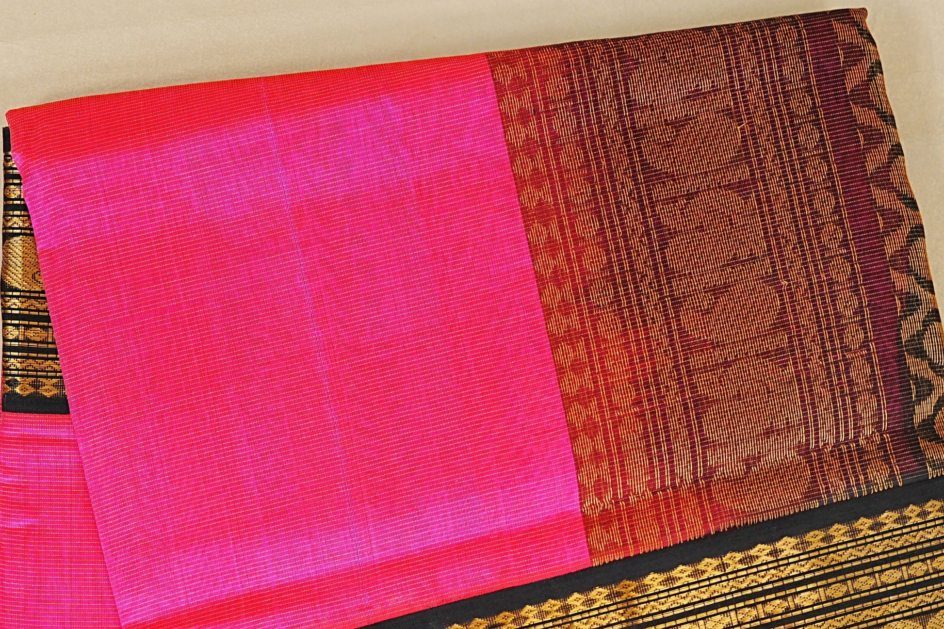 Bright Rani Pink Vaira Oosi Silk Cotton Saree body zoom
