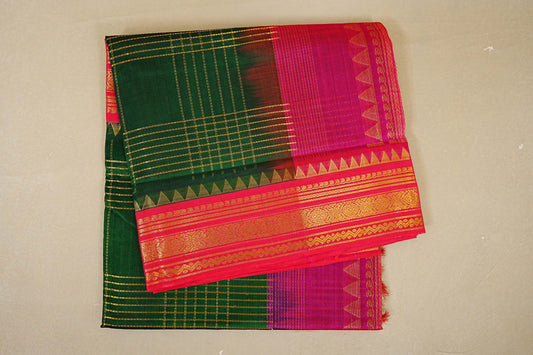 folded Bottle Green with Rani Pink Borders Silk Cotton Saree