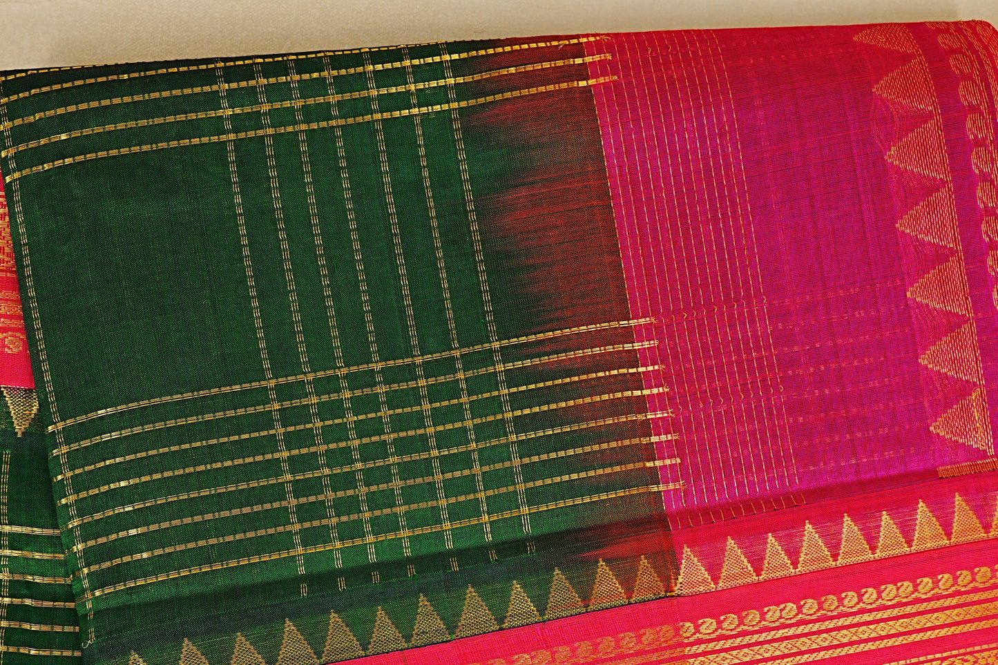 Bottle Green with Rani Pink Borders Silk Cotton Saree body zoom