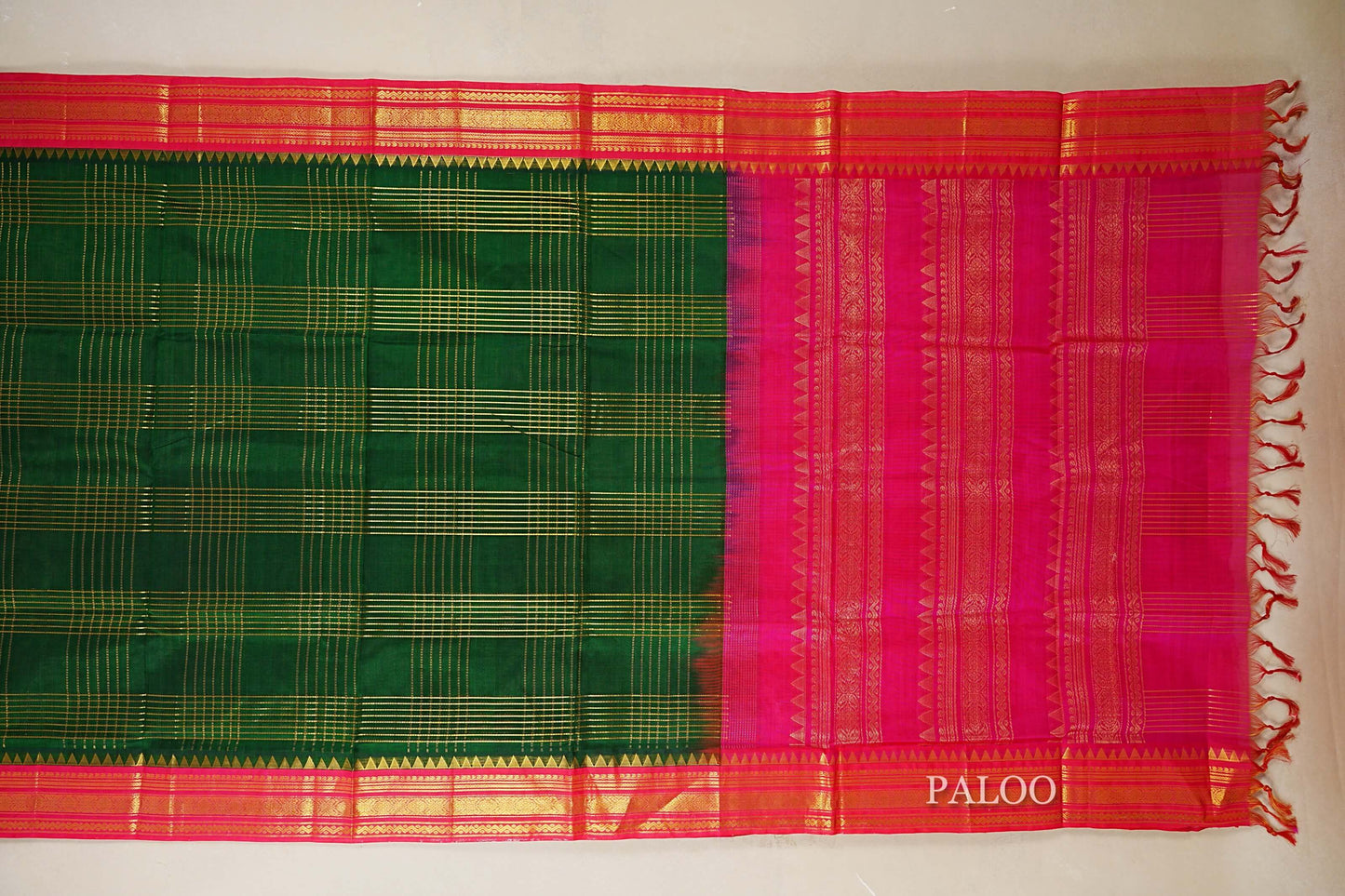 Bottle Green with Rani Pink Borders Silk Cotton Saree paloo
