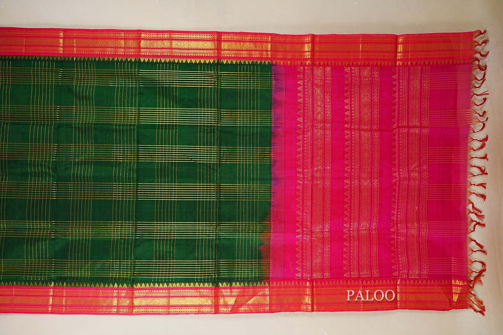 Bottle Green with Rani Pink Borders Silk Cotton Saree paloo