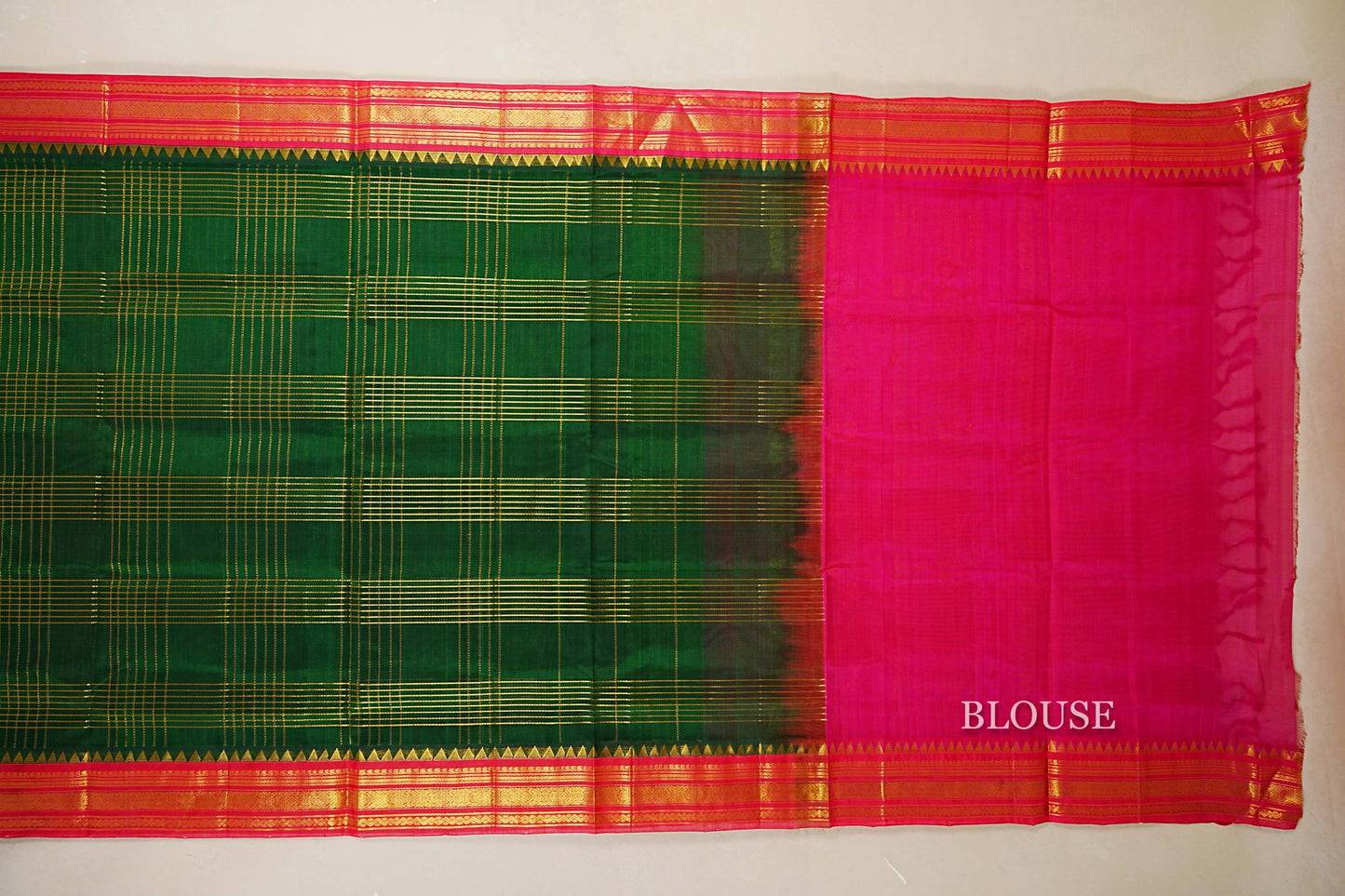 Bottle Green with Rani Pink Borders Silk Cotton Saree blouse
