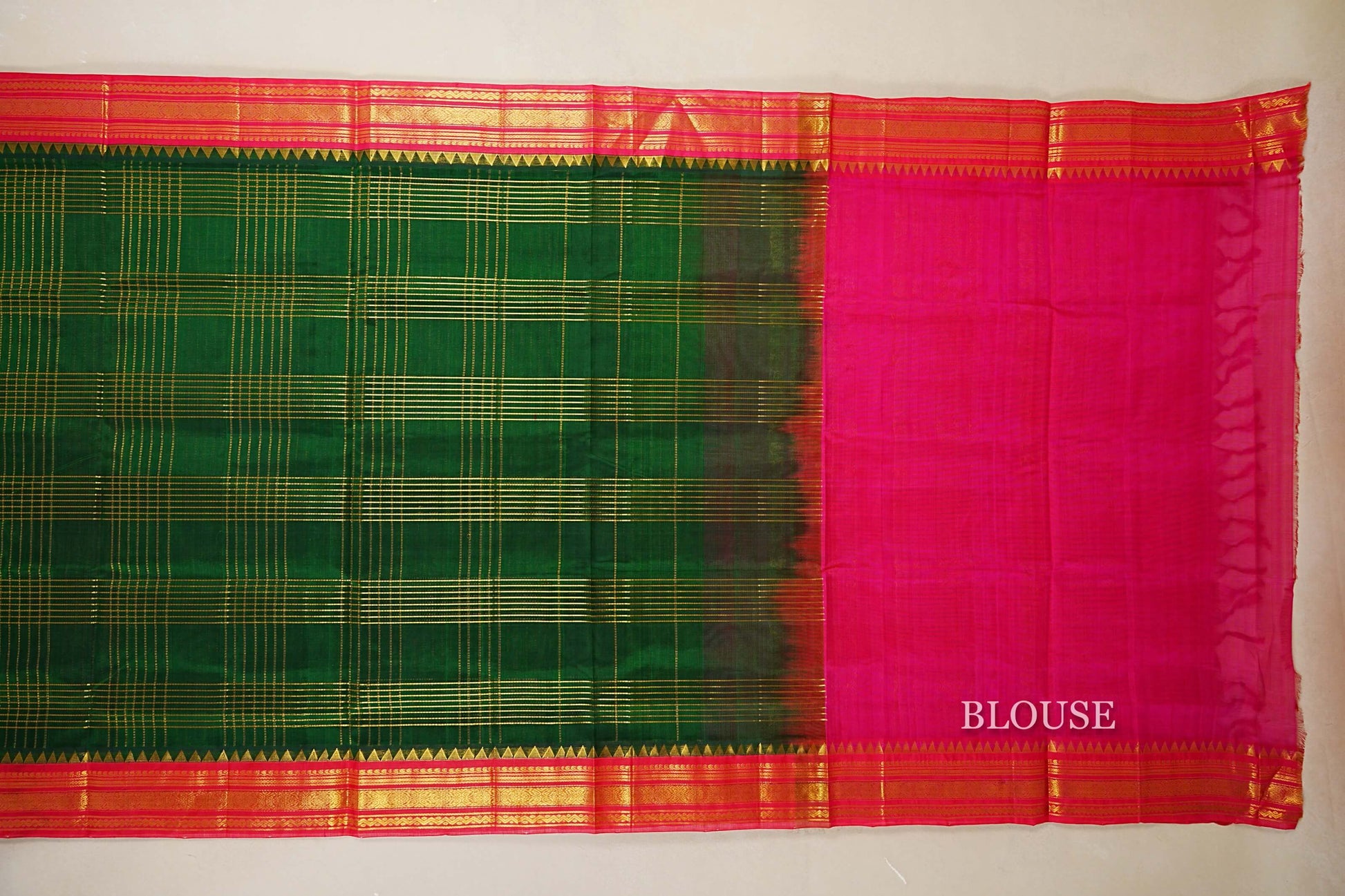 Bottle Green with Rani Pink Borders Silk Cotton Saree blouse