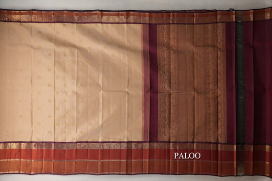 Biscuit Beige with Deep Maroon Borders Vintage Heirloom Kanjivaram Silk Saree paloo