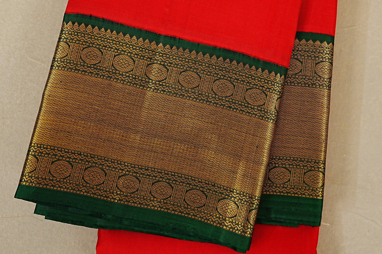 Bright Red with bottle Green Vintage Kanjivaram Silk Saree border zoom