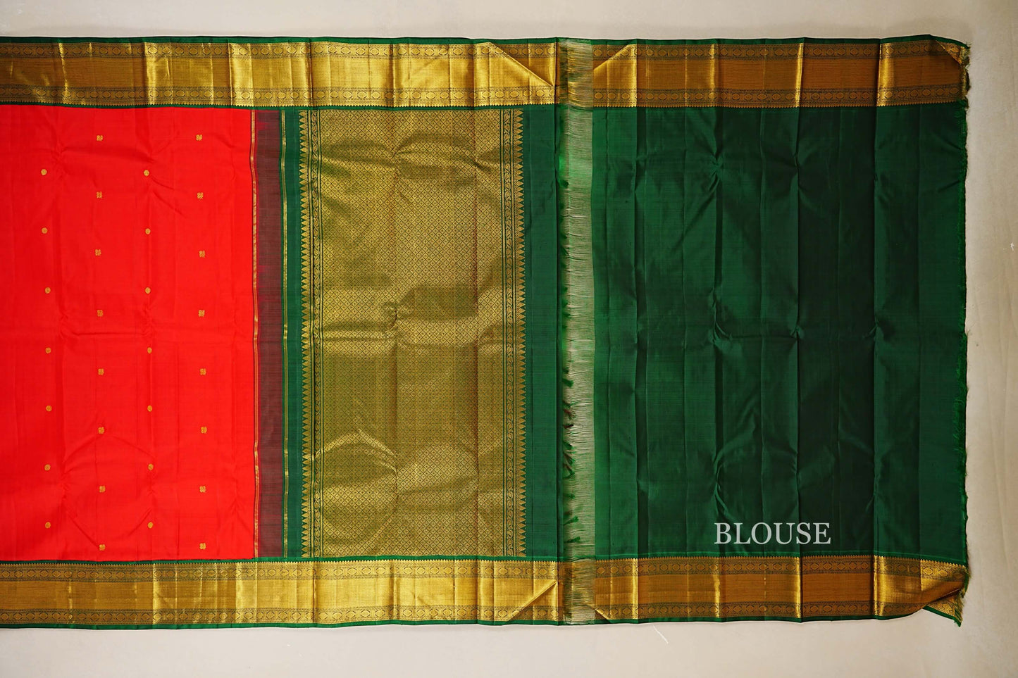 Bright Red with bottle Green Vintage Kanjivaram Silk Saree blouse