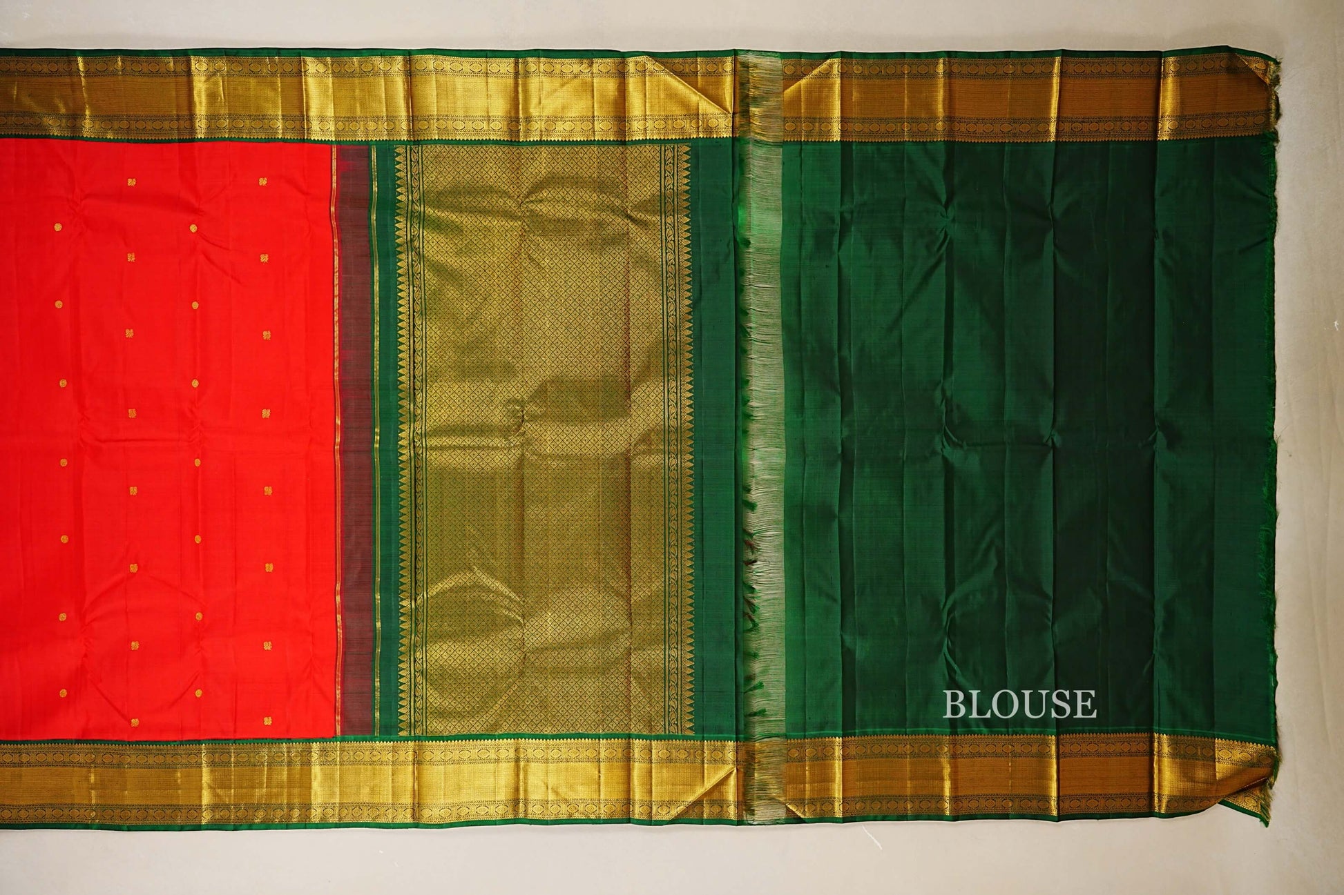 Bright Red with bottle Green Vintage Kanjivaram Silk Saree blouse