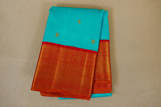 folded Rama Blue with Red Borders and Mustard Selvedge Vintage Kanjivaram Silk Saree