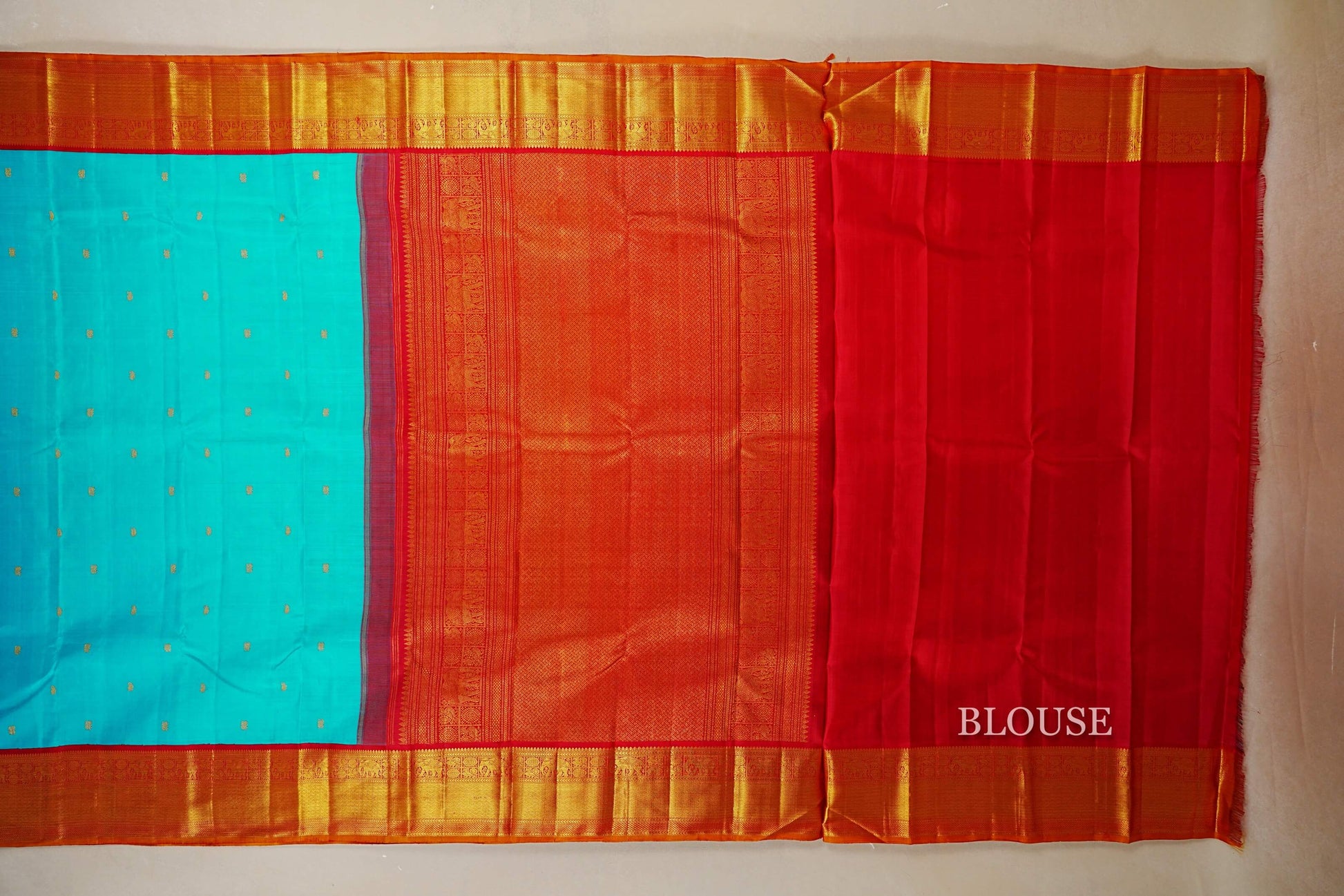 Rama Blue with Red Borders and Mustard Selvedge Vintage Kanjivaram Silk Saree blouse