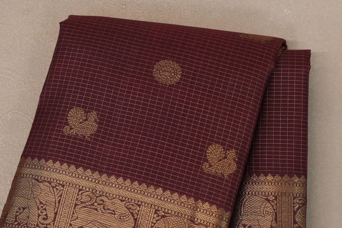 Deep Maroon with Zari Checks Vintage Heirloom Kanjivaram Silk Saree body