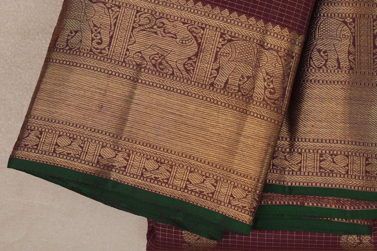 Deep Maroon with Zari Checks Vintage Heirloom Kanjivaram Silk Saree borders