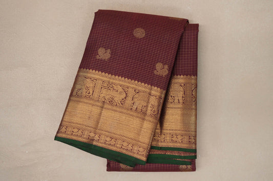 Deep Maroon with Zari Checks Vintage Heirloom Kanjivaram Silk Saree