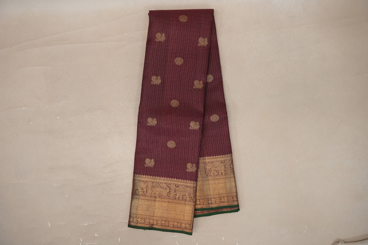 Online Deep Maroon with Zari Checks Vintage Heirloom Kanjivaram Silk Saree