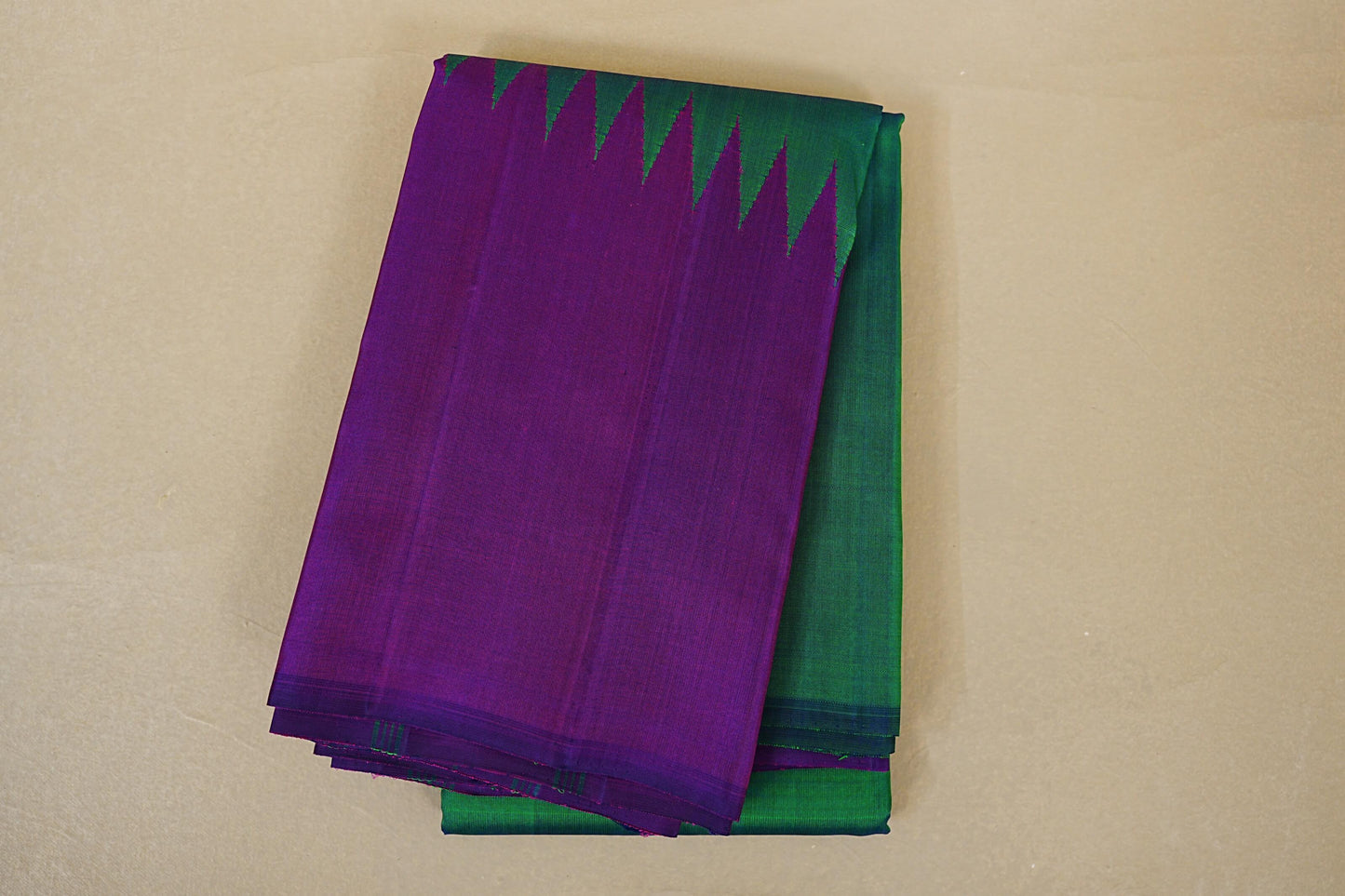 folded Dual Tone Emerald Green and Blue with Purple Temple Borders Vintage Kanjivaram Silk Saree