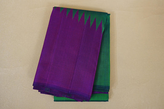 folded Dual Tone Emerald Green and Blue with Purple Temple Borders Vintage Kanjivaram Silk Saree