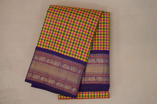 Multicolour Checks with Deep Purple Borders Vintage Heirloom Kanjivaram Silk Saree