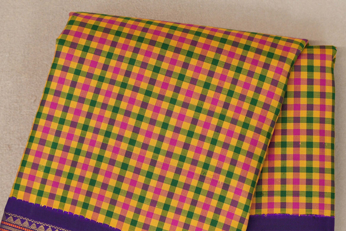 Multicolour Checks with Deep Purple Borders Vintage Heirloom Kanjivaram Silk Saree body