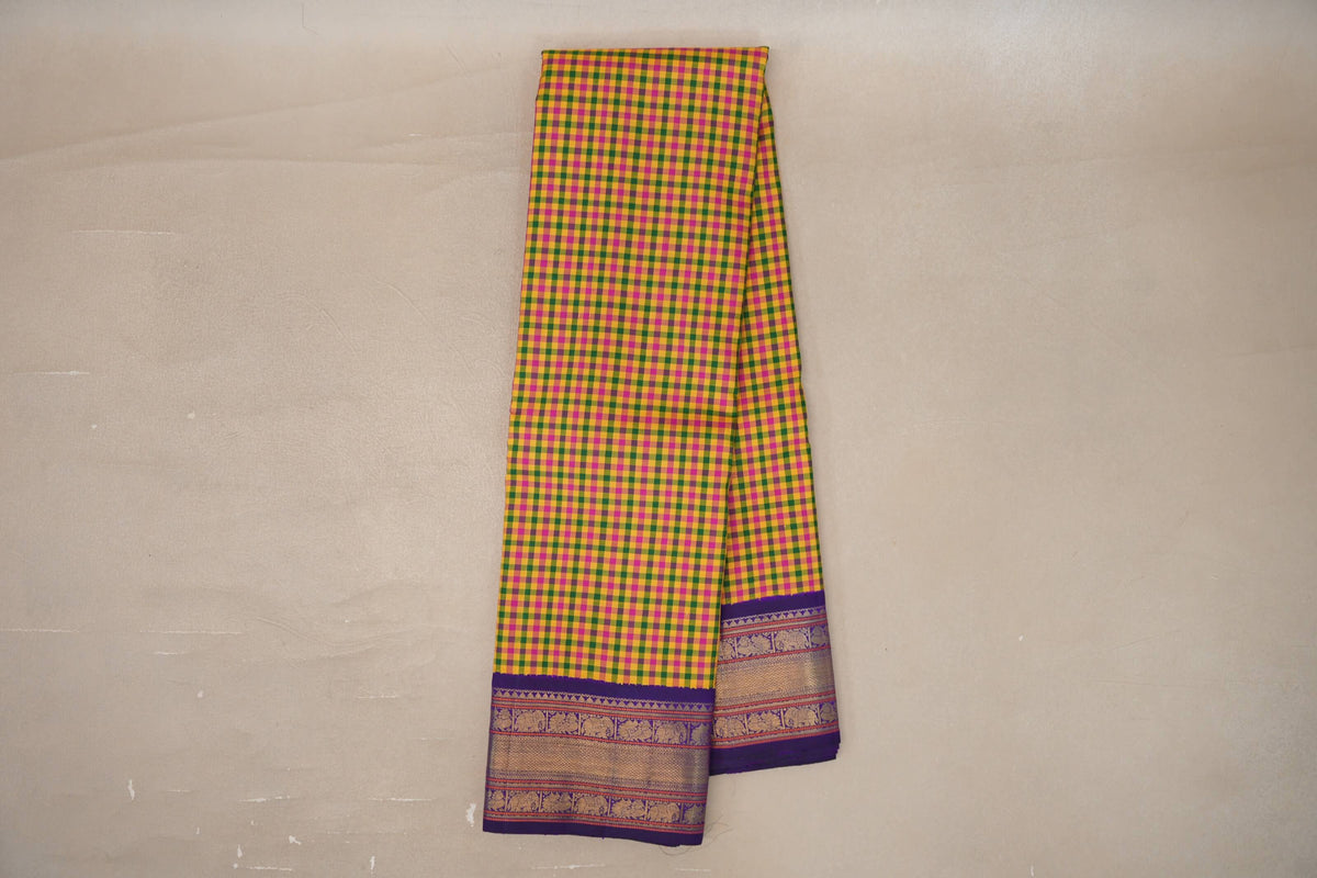 Online Multicolour Checks with Deep Purple Borders Vintage Heirloom Kanjivaram Silk Saree