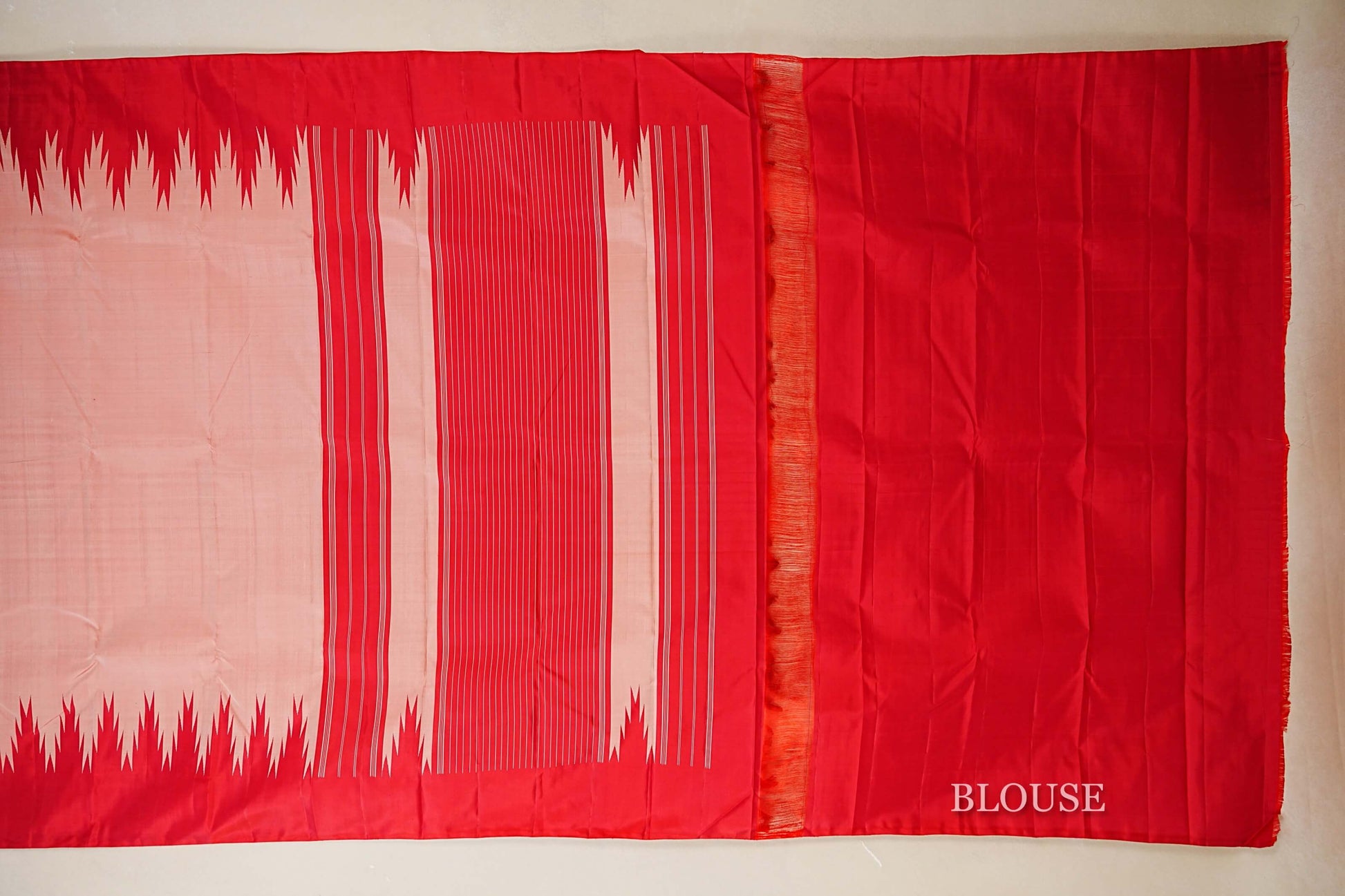 Peach with Red Temple Borders Vintage Kanjivaram Silk Saree blouse