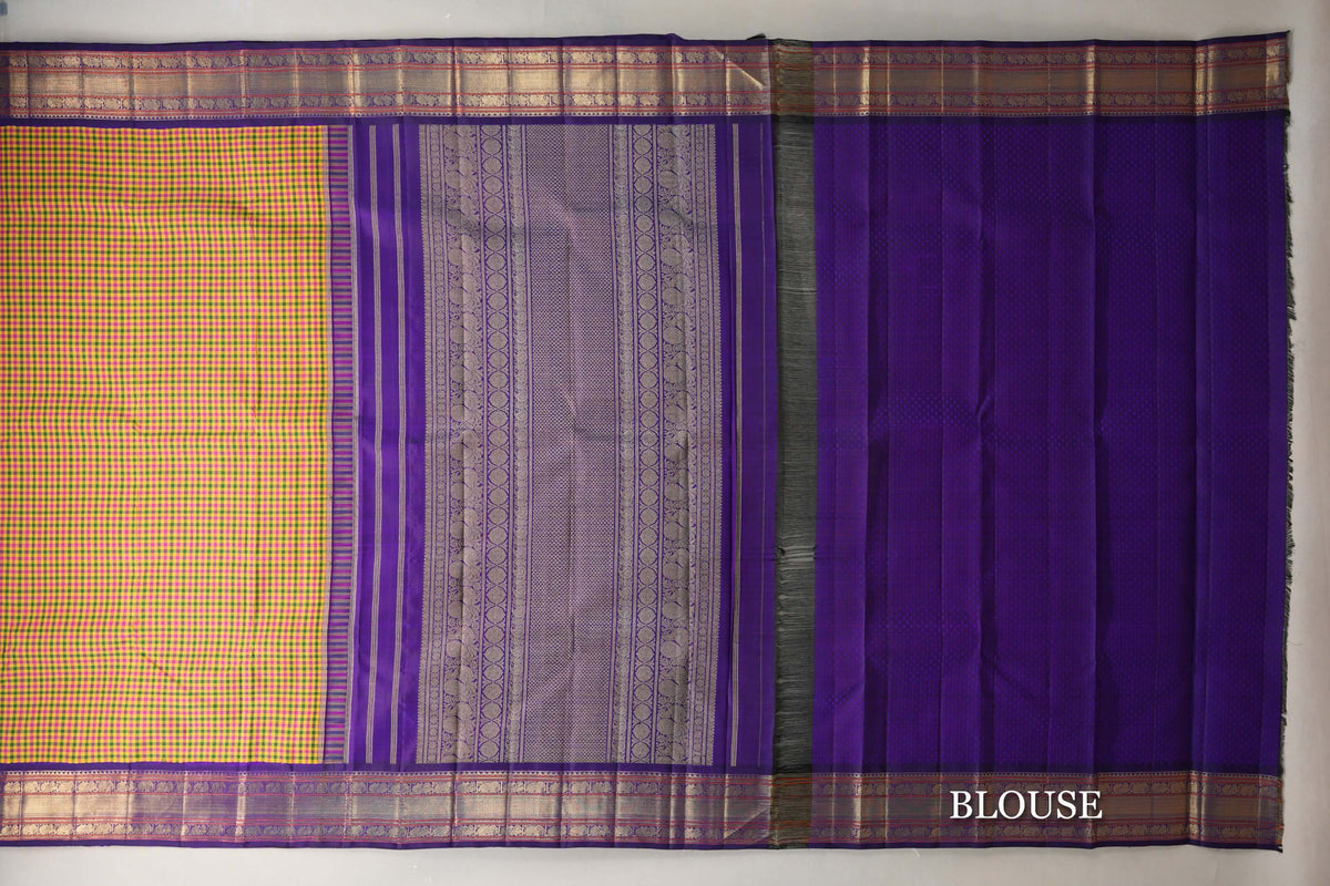Multicolour Checks with Deep Purple Borders Vintage Heirloom Kanjivaram Silk Saree blouse
