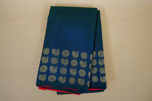 folded Peacock Blue Thread Woven Vintage Kanjivaram Silk Saree 
