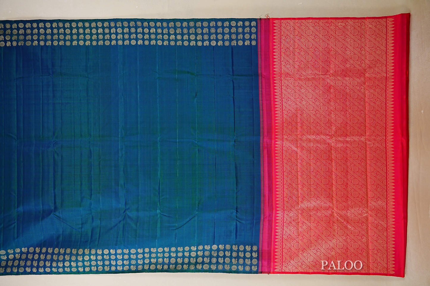 Peacock Blue Thread Woven Vintage Kanjivaram Silk Saree paloo