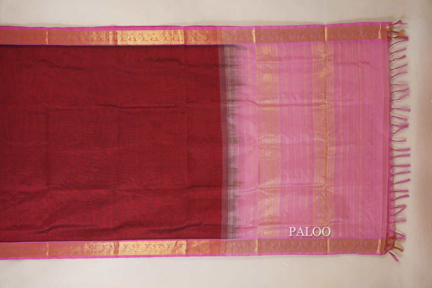 Reddish Maroon vegan silk cotton saree paloo