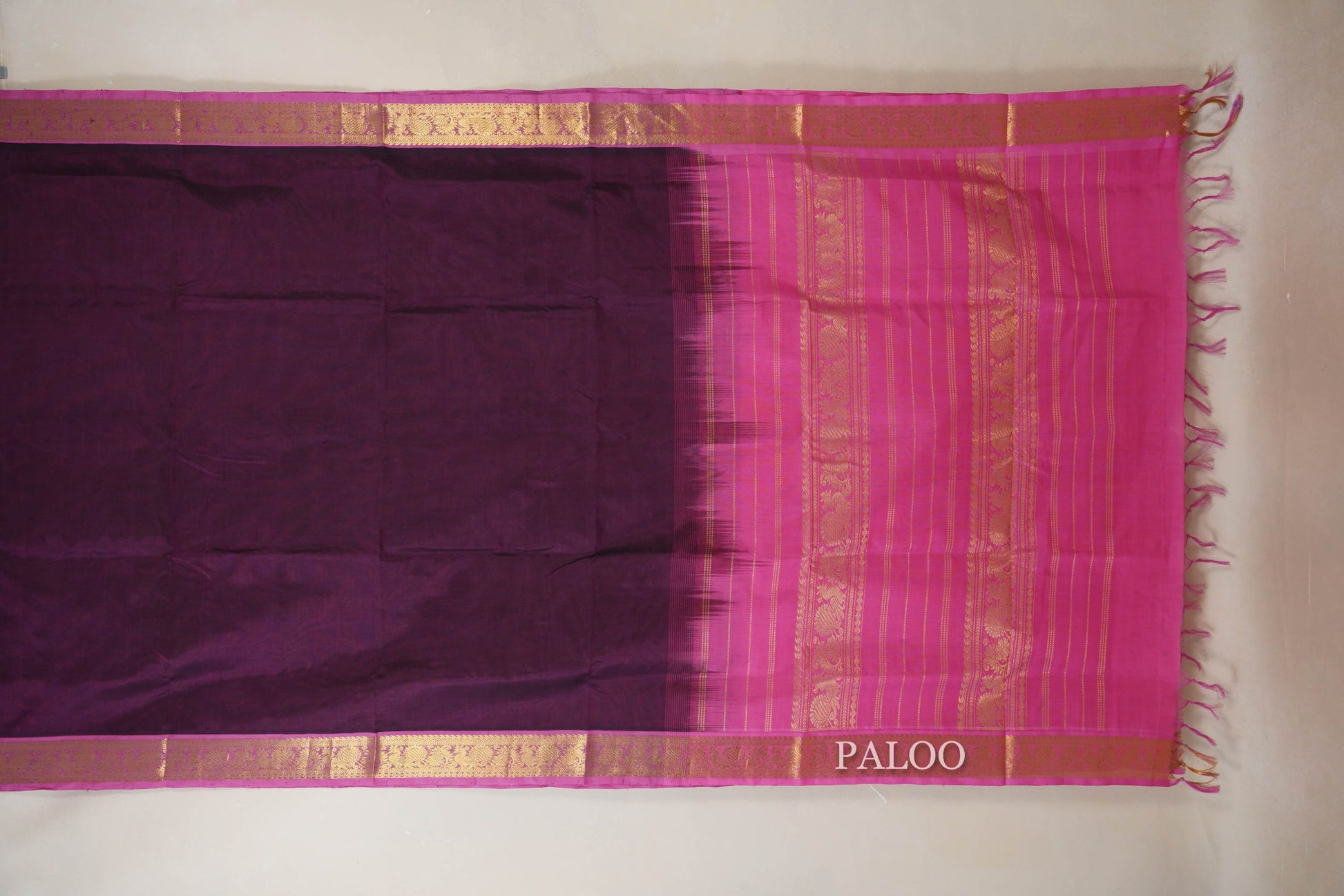 Deep Wine Purple vegan silk cotton saree paloo