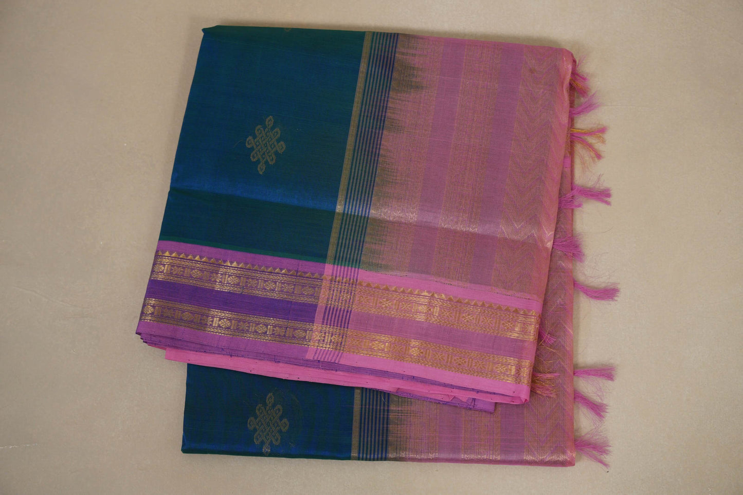 folded Peacock Blue vegan silk cotton saree