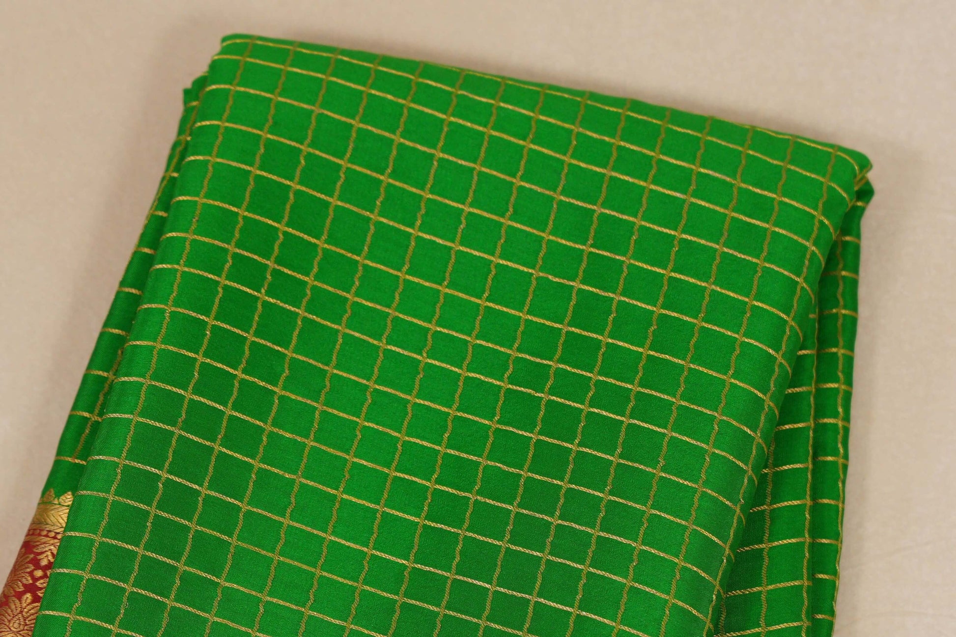Parrot Green with Red Borders Mysore Silk Saree body zoom