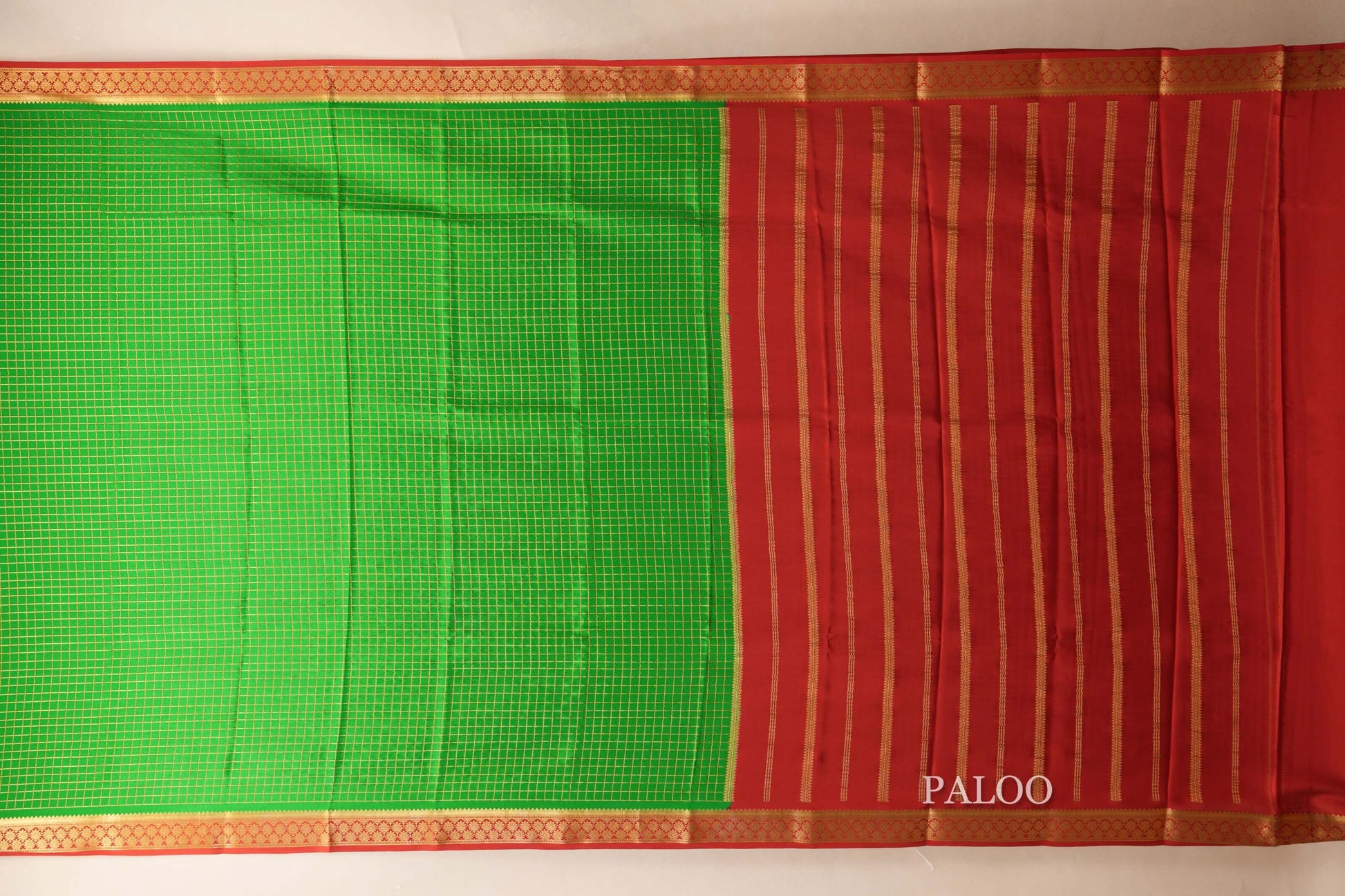 Parrot Green with Red Borders Mysore Silk Saree paloo
