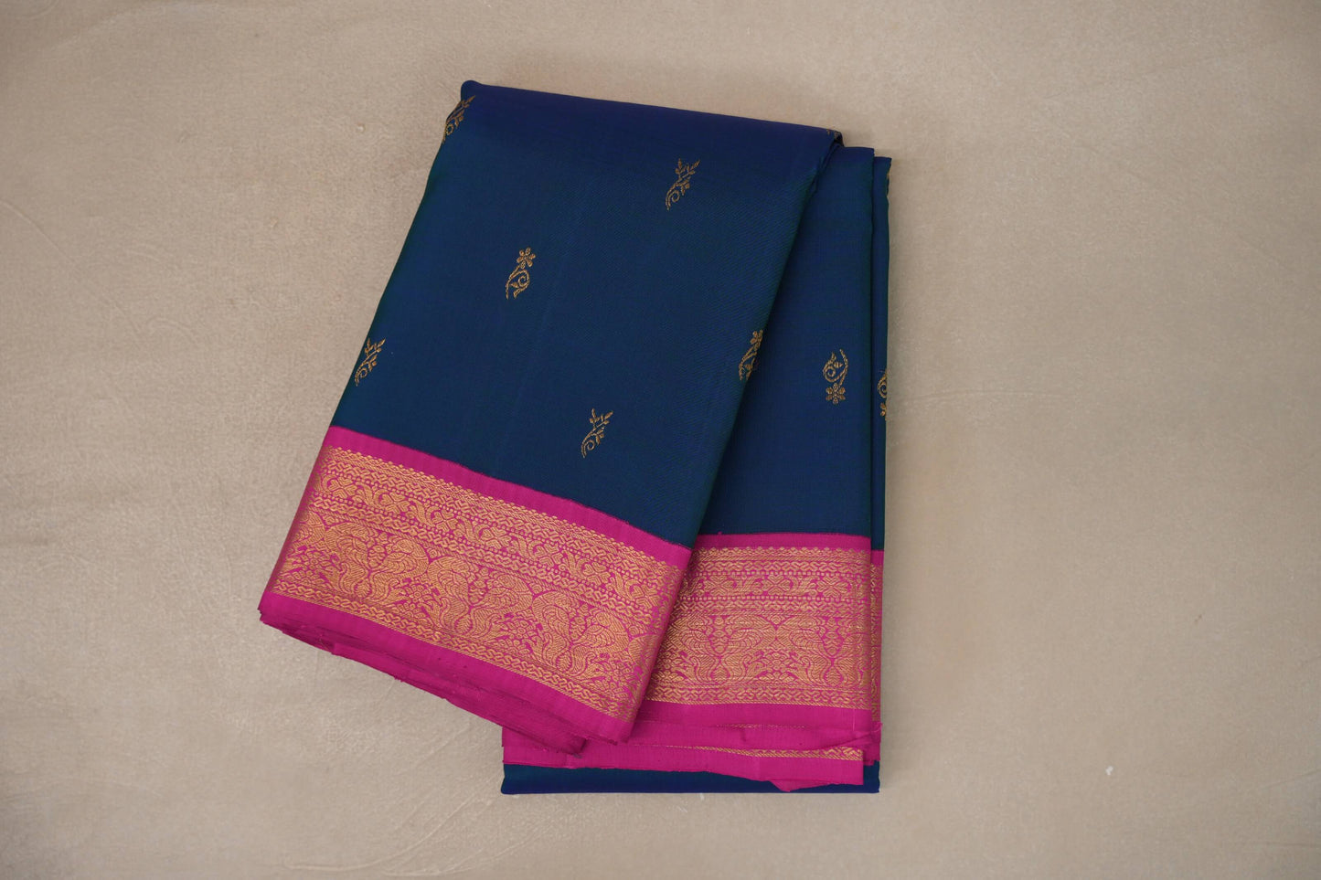 Peacock blue with bright magenta Vintage Kanjivaram Silk Saree by Shreenivas Silks