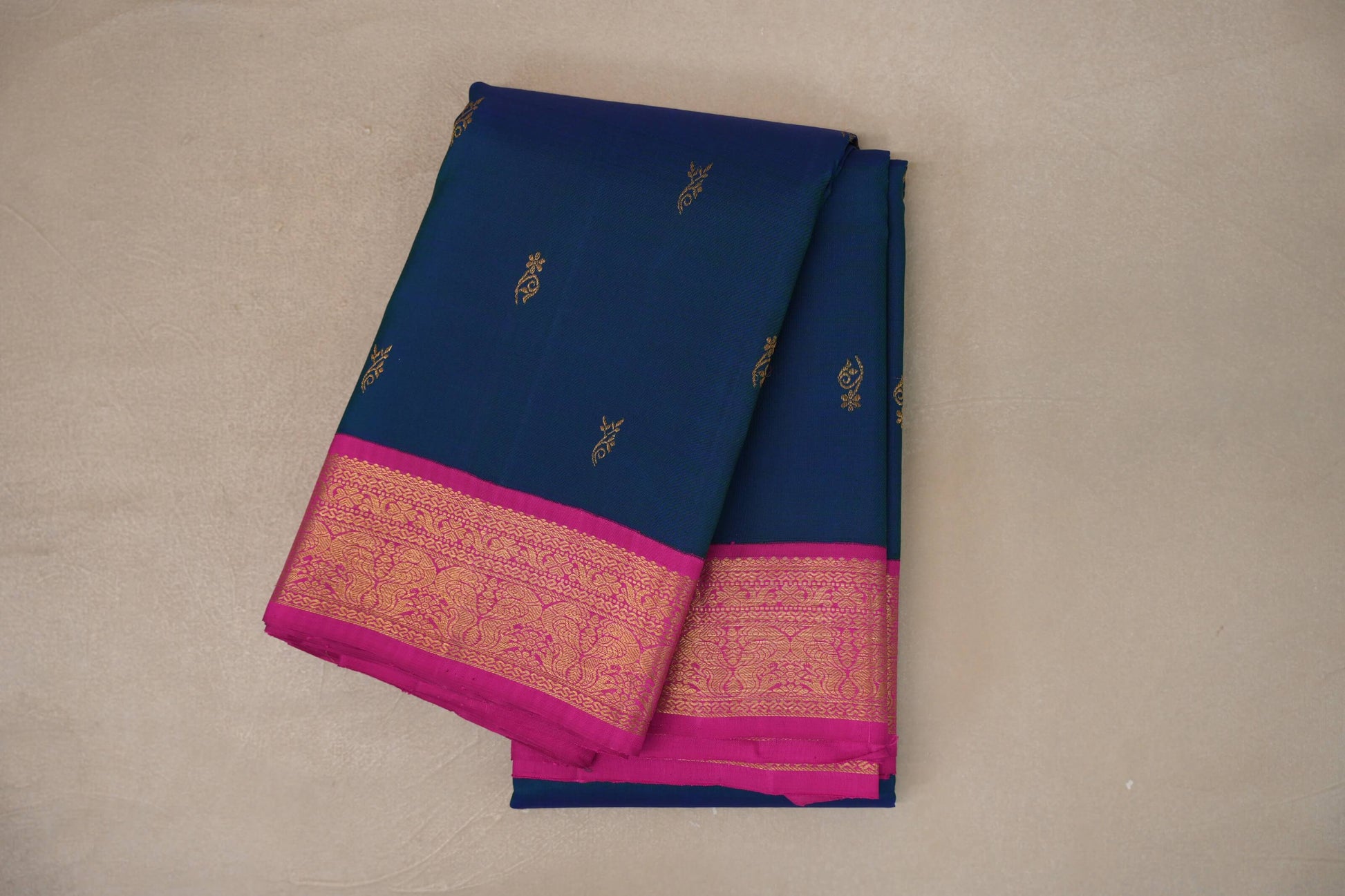 Peacock blue with bright magenta Vintage Kanjivaram Silk Saree by Shreenivas Silks