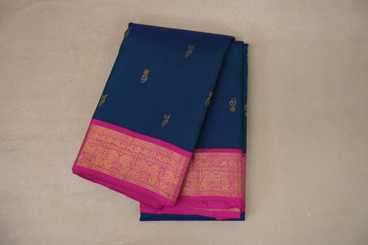 Peacock blue with bright magenta Vintage Kanjivaram Silk Saree by Shreenivas Silks